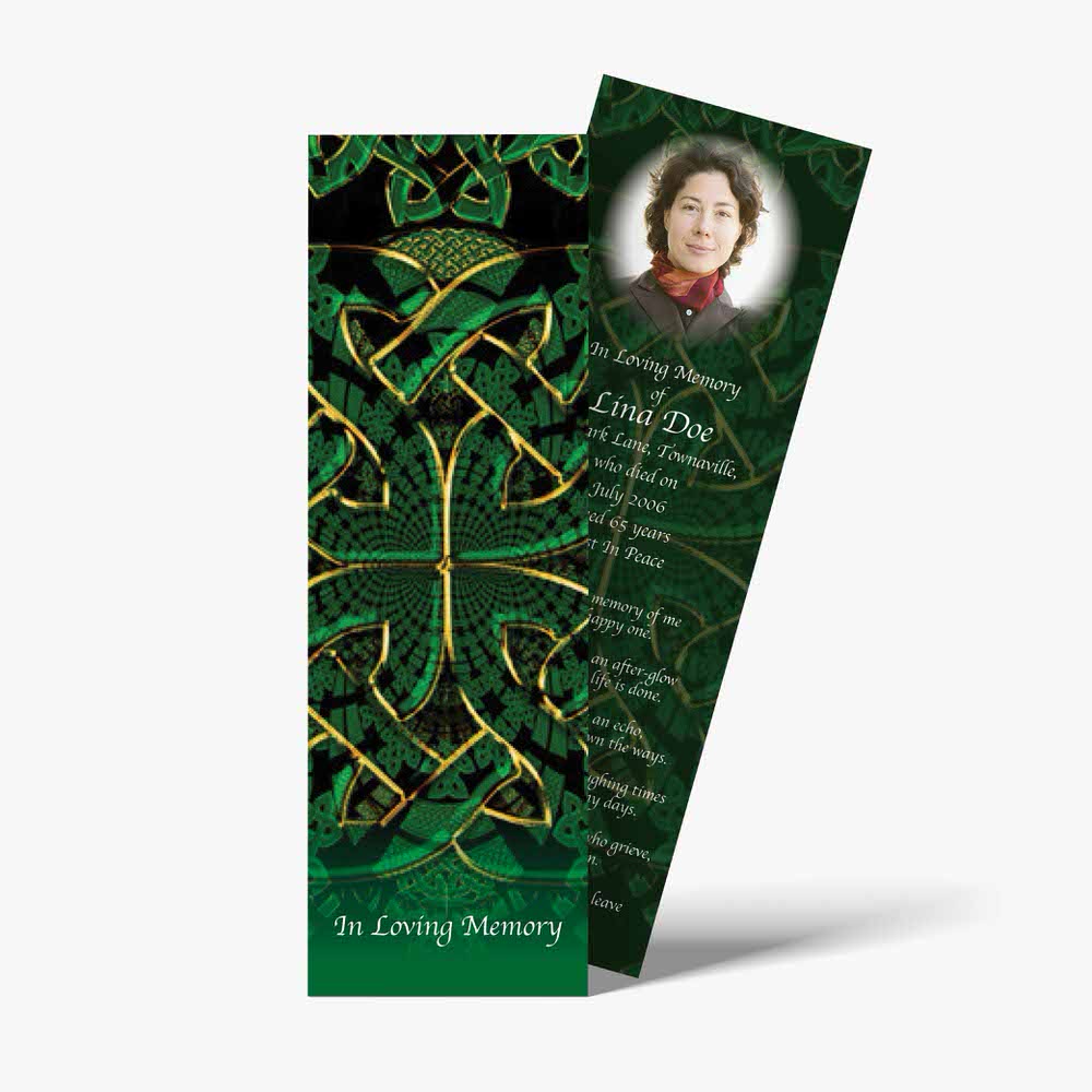 celtic funeral bookmarks with green and gold designs