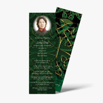 celtic funeral bookmarks with a photo of a woman