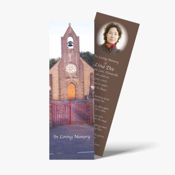 a bookmark with a photo of a church and a church bell