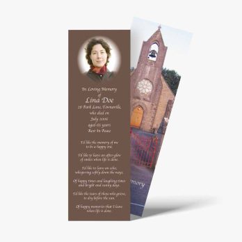 a bookmark with a photo of a church and a prayer card