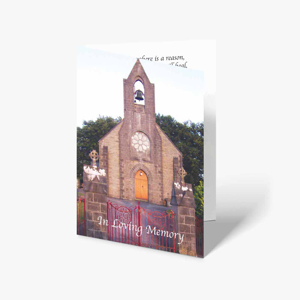 a card with a church in the background