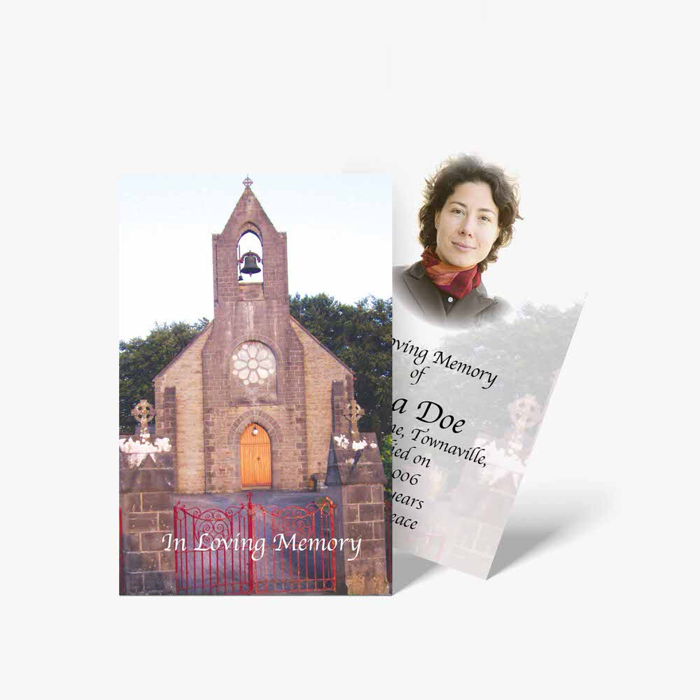 funeral card with photo of church