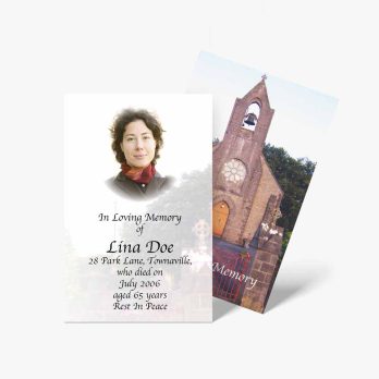 a funeral card with a photo of a woman in front of a church