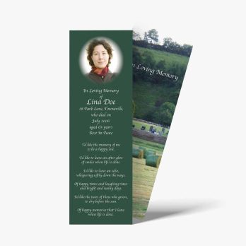 green bookmark with a photo of a woman in a field