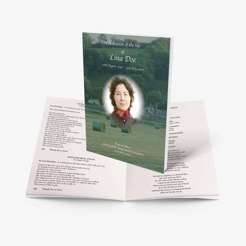 a funeral program template with a photo of a woman in a field