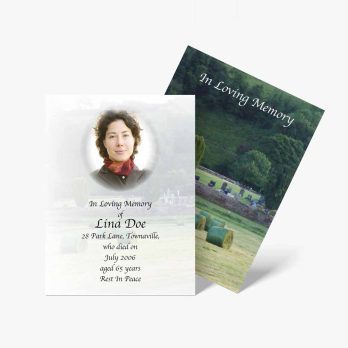 funeral cards with pictures of a woman in a field