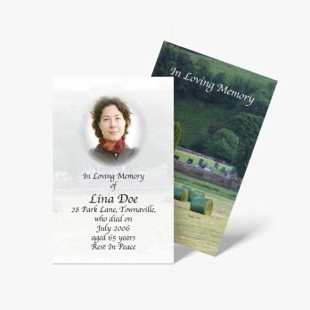 funeral cards with pictures of a woman in a field