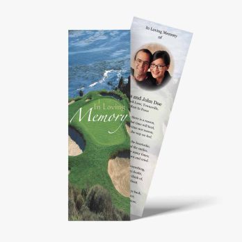 memorial bookmark template with a golf course and a photo of a couple