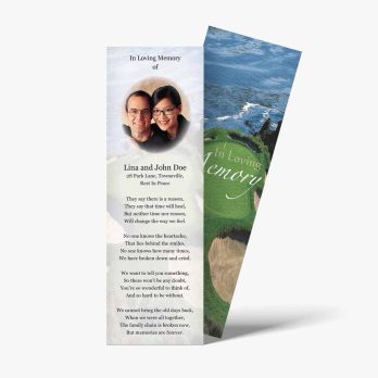 a memorial bookmark with a photo of a couple on a golf course