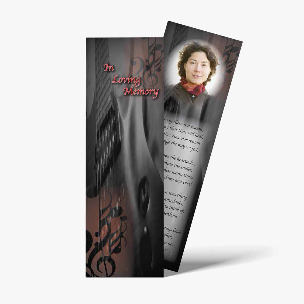 a bookmark with a photo of a woman playing an instrument