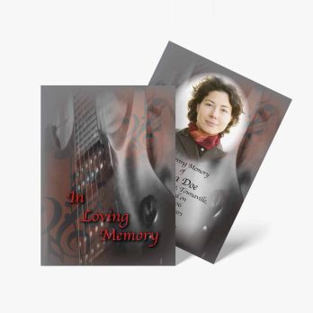 a funeral card template with a guitar and a woman's face