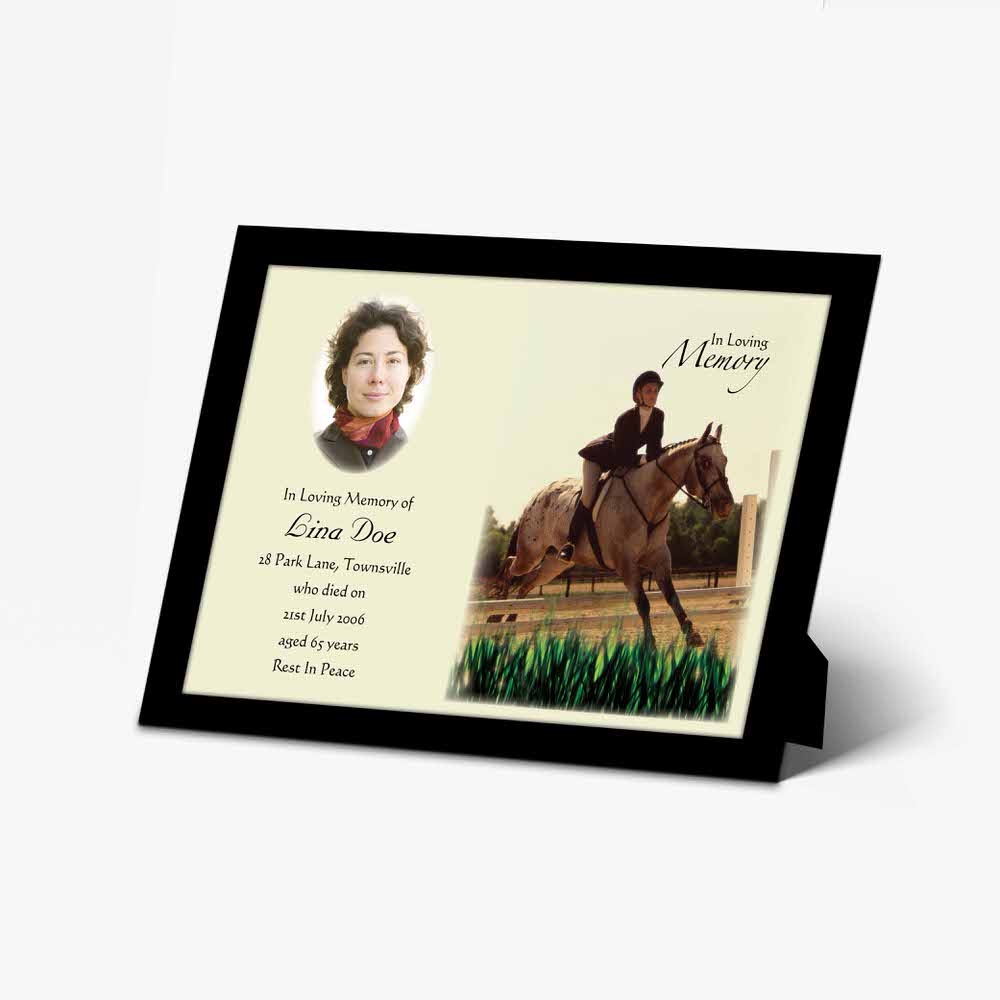a horse and rider memorial card with a photo of a woman on a horse