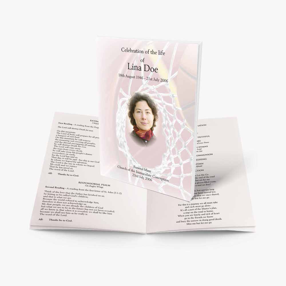 a pink and white funeral program with a photo of a woman