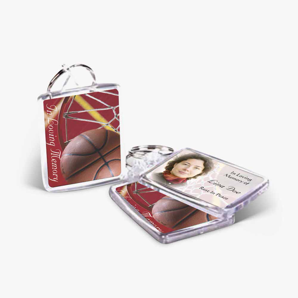 a clear plastic keychain with a basketball on it