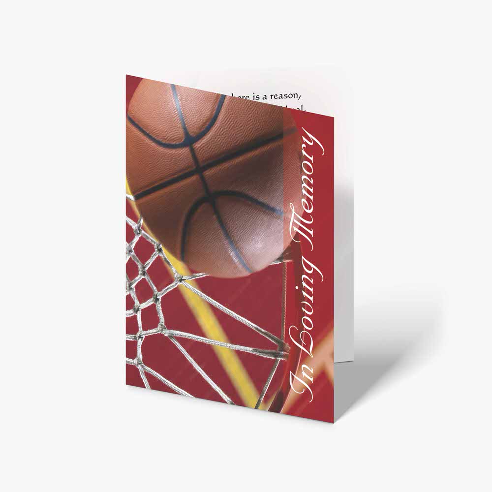 basketball memorial card with a basketball net and ball