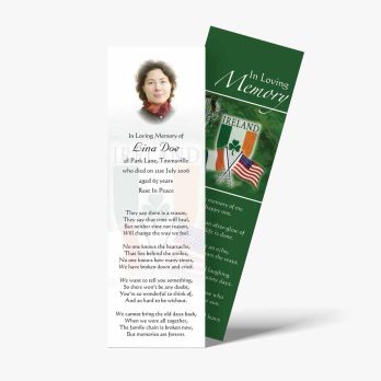 a green bookmark with an irish flag and a poem