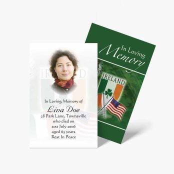 a memorial card with a photo of a woman and a flag
