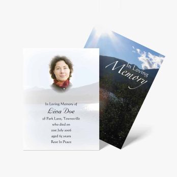 memorial cards with a photo of a woman in the water