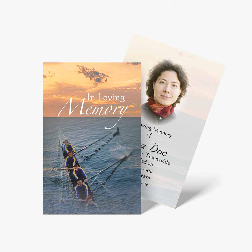 a funeral card with a boat in the ocean