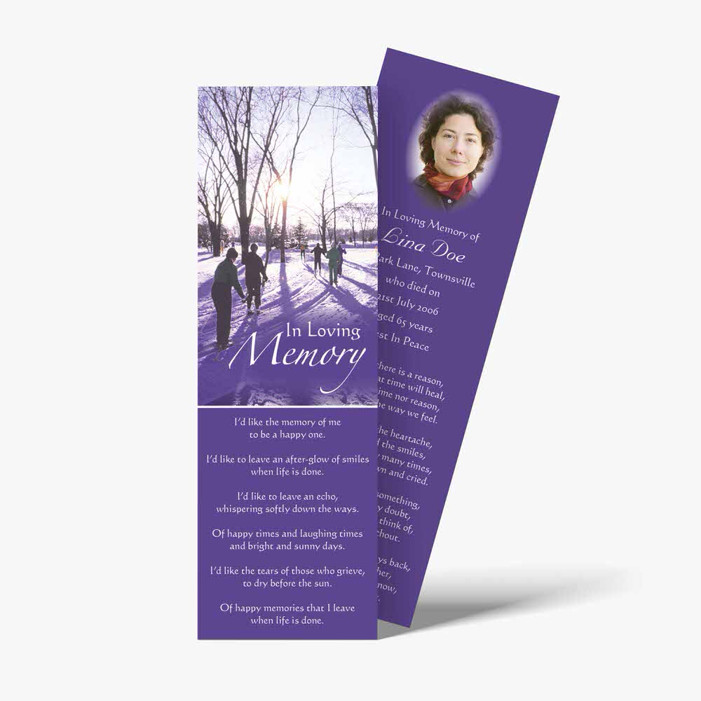 a purple bookmark with a photo of a person in the snow