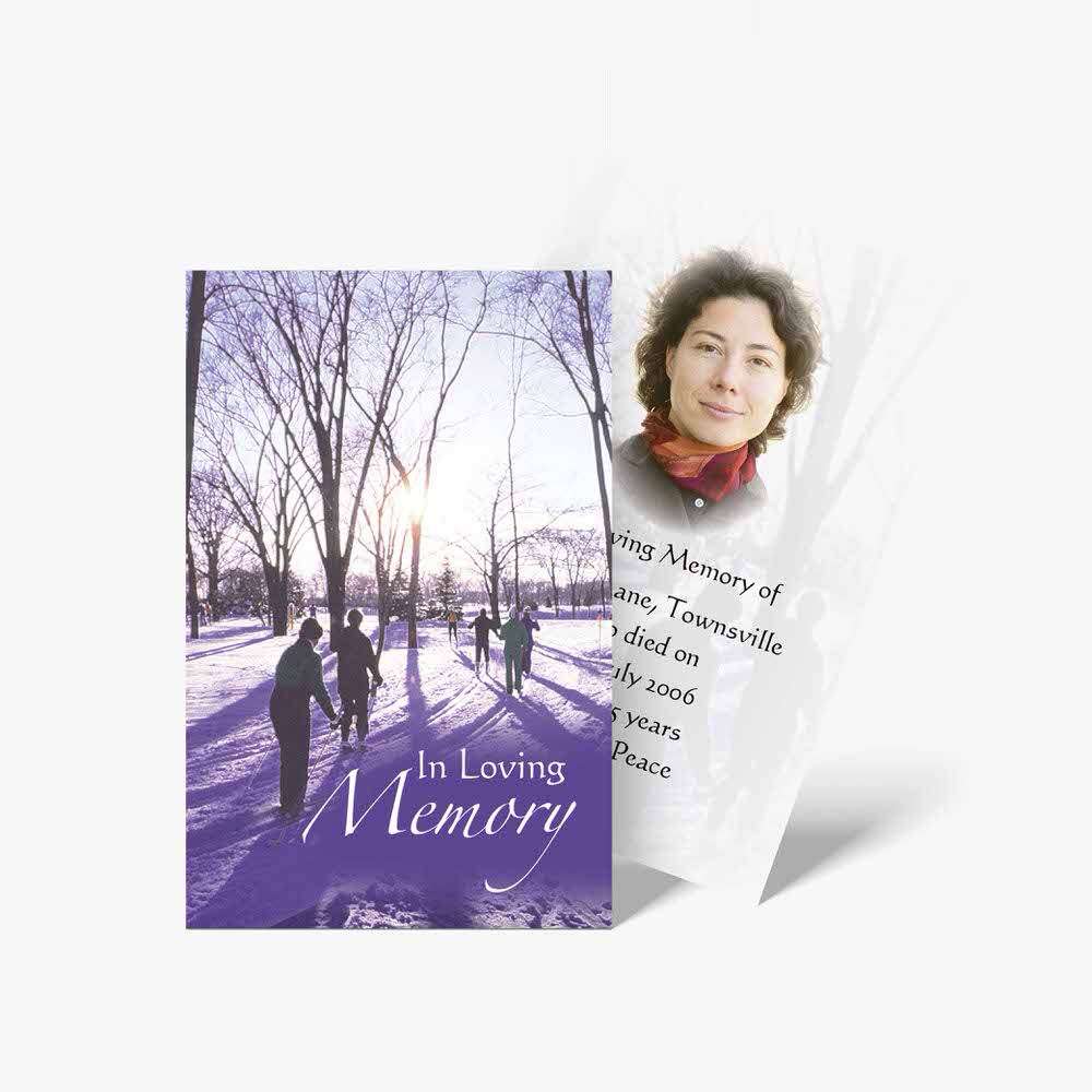 a purple card with a photo of a person walking in the snow