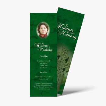 green funeral bookmarks with a photo of a woman