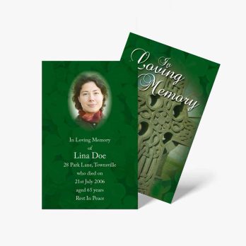 green funeral cards with a photo of a woman