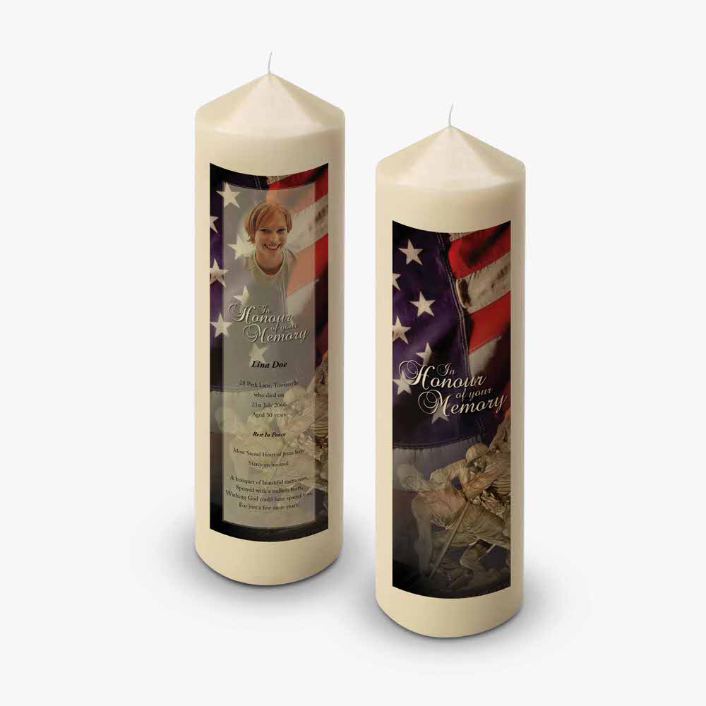 two candles with an american flag and a photo of a soldier