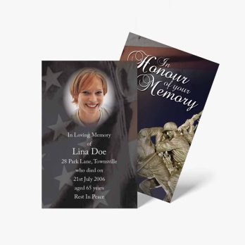 a memorial card with an image of a woman and an american flag