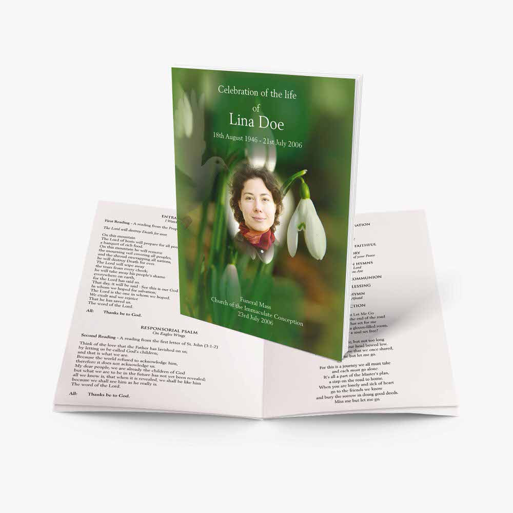 a funeral booklet with a photo of a woman in a field of snowdrops