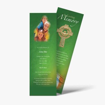 a green bookmark with a picture of a family