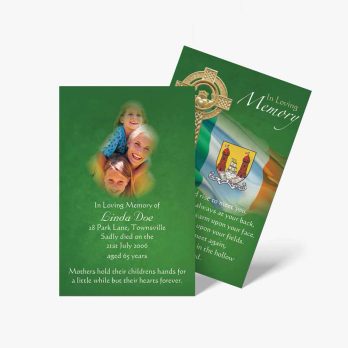 a green and gold card with a picture of a family