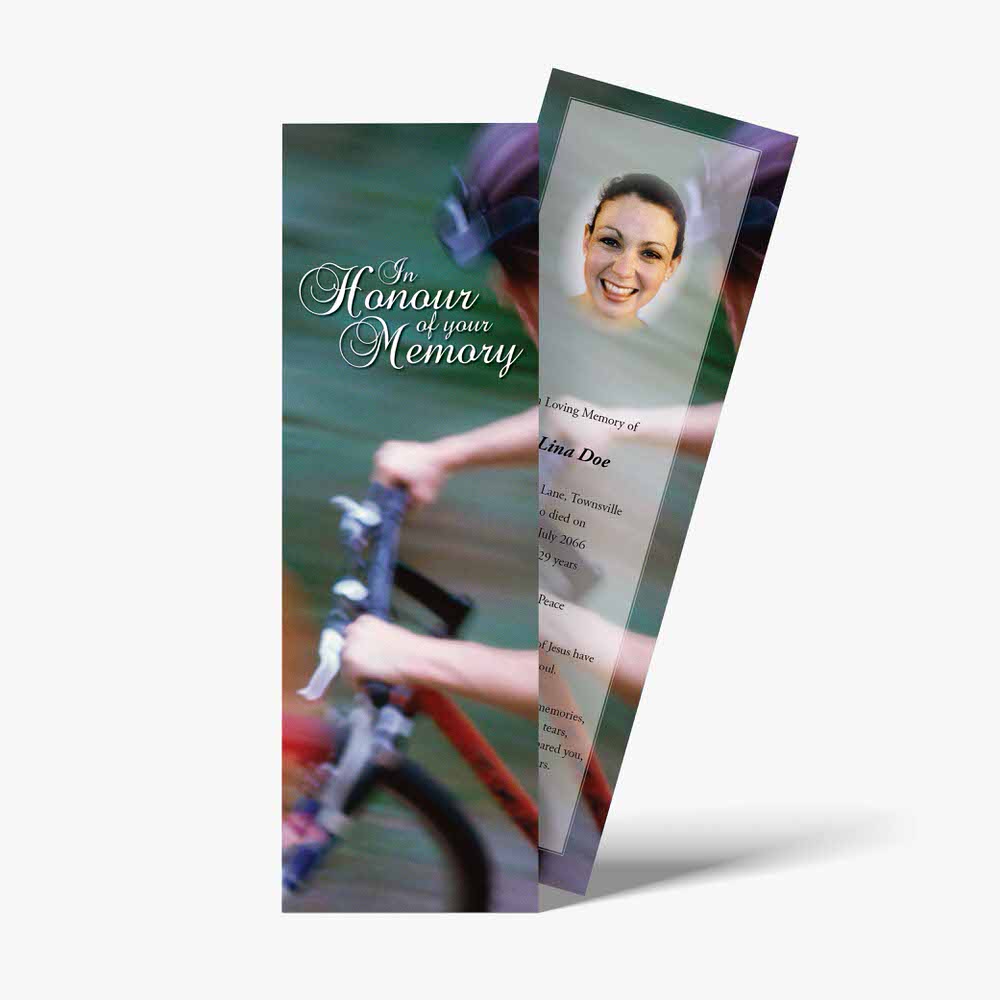 a bookmark with a photo of a woman riding a bike