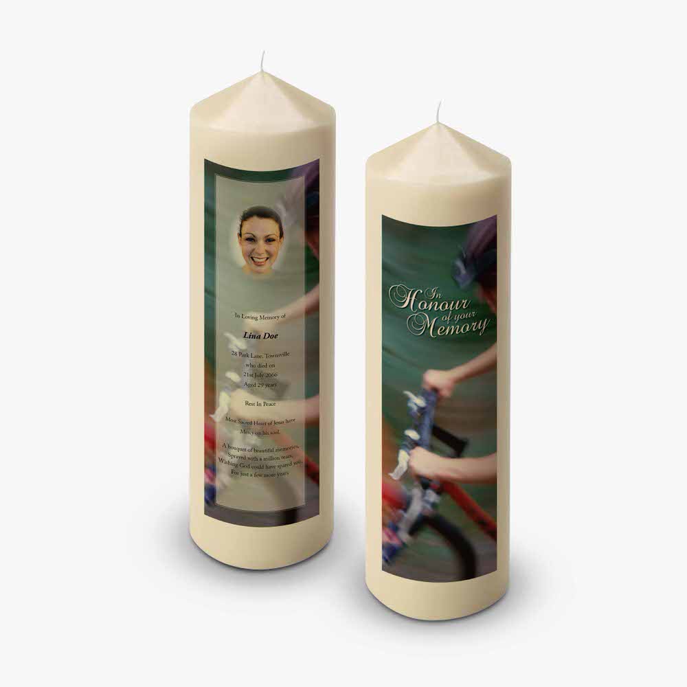 a candle with a photo of a man on it