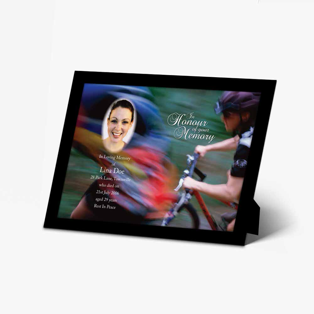 a photo frame with a picture of a woman riding a bike