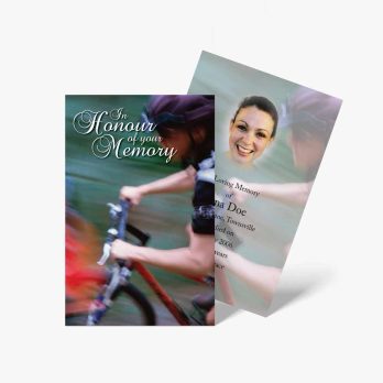 a memorial card with a photo of a woman riding a bike