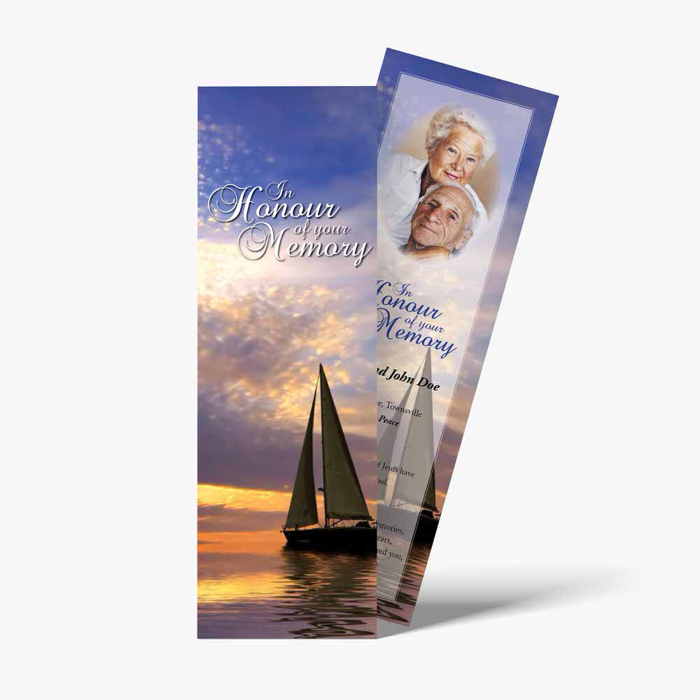 a bookmarks with a sailboat and sunset in the background
