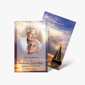 two funeral cards with a photo of an elderly couple