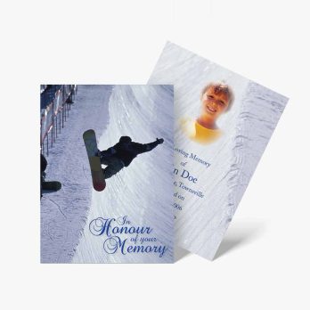 a snowboarder is jumping off a snowboard in front of a memorial card