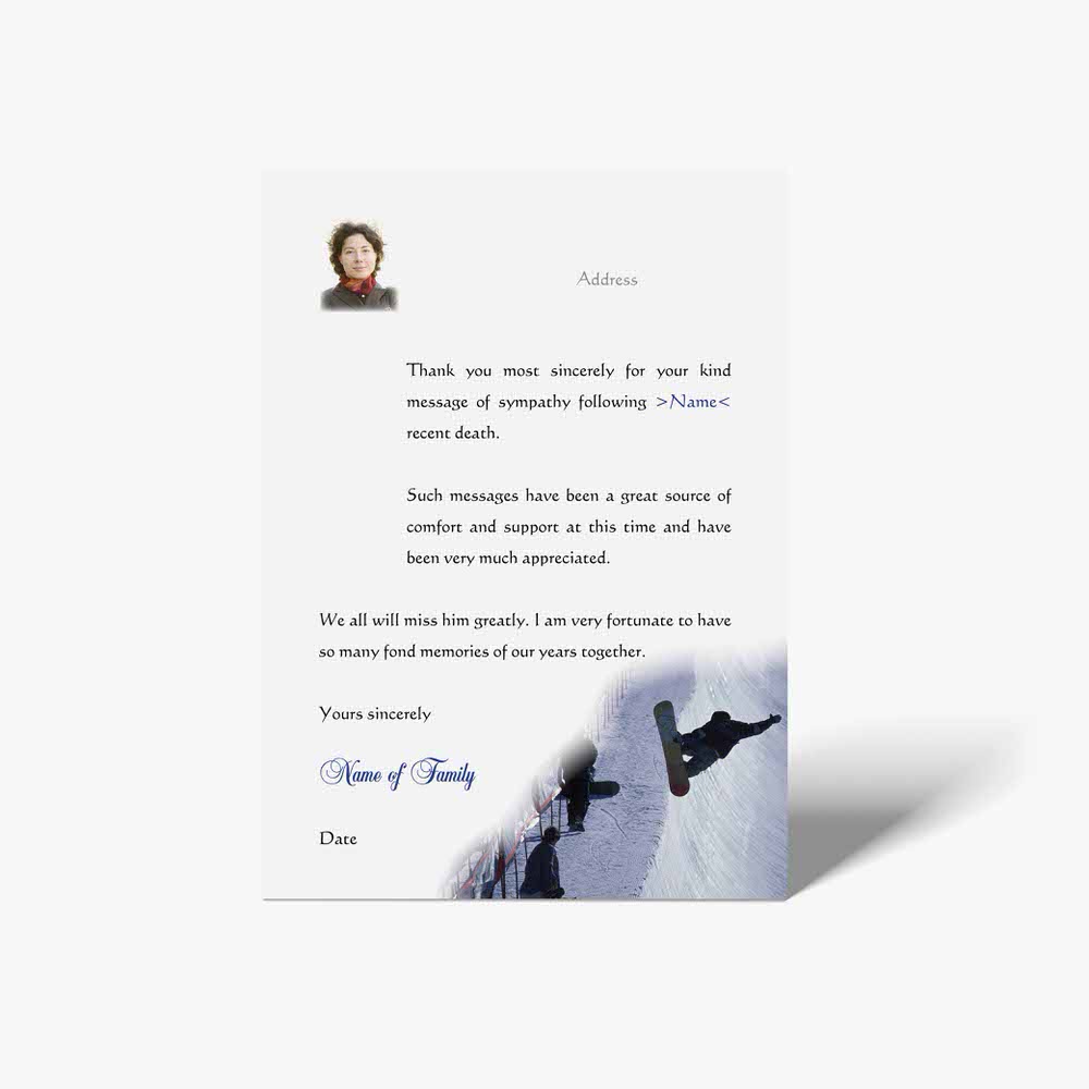 a thank card with a picture of a person on a snowboard