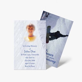 a snowboarding memorial card with a photo of a boy on a snowboard