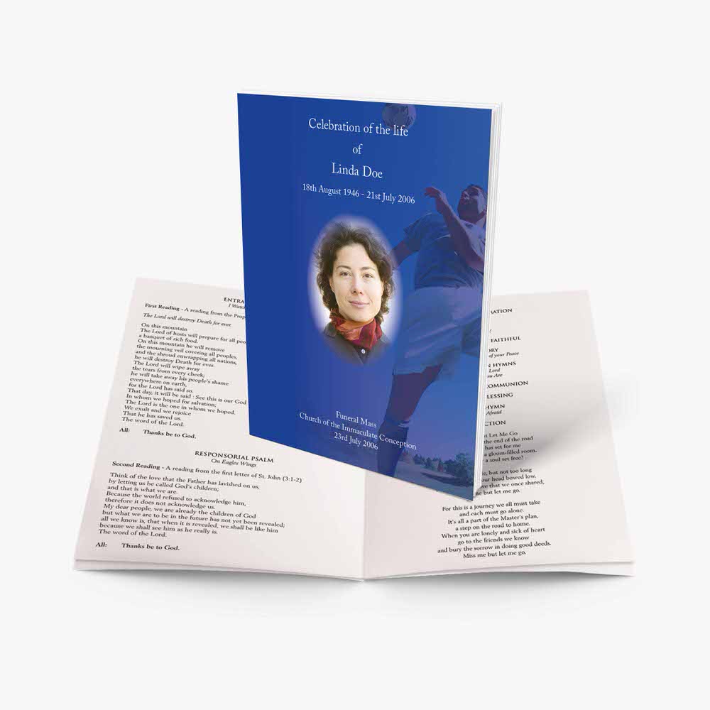 a blue and white funeral program with a photo of a woman