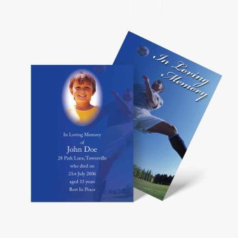 a blue funeral card with a photo of a boy playing soccer