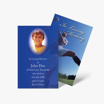 a blue and white funeral card with a photo of a soccer player