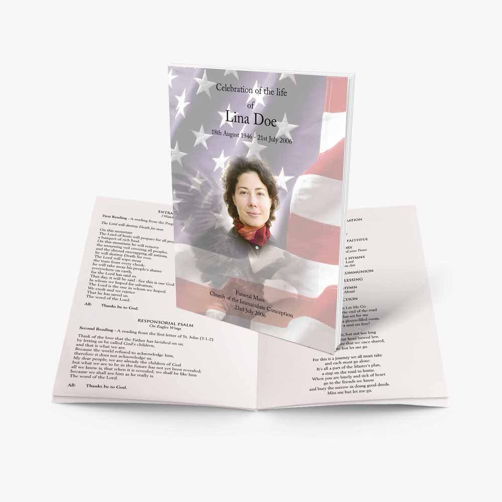 a folded american flag with a photo of a woman in a white dress and a folded americ