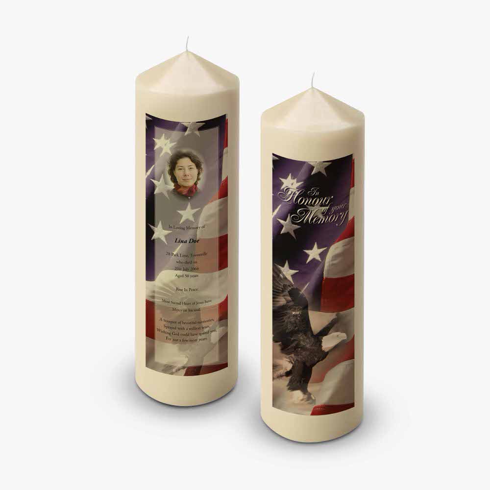 two candles with an american flag on them
