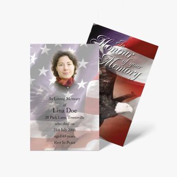 a memorial card with an american flag and a woman's face