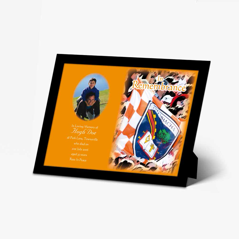 a photo frame with an orange and black background