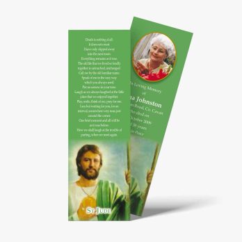 a green bookmark with a picture of jesus and a quote