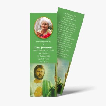 green bookmark with a photo of jesus and a quote